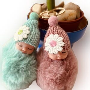 Adorable Knitted Cute Baby Doll Keyring Keychains Set of TWO - Teal Blue & Pink